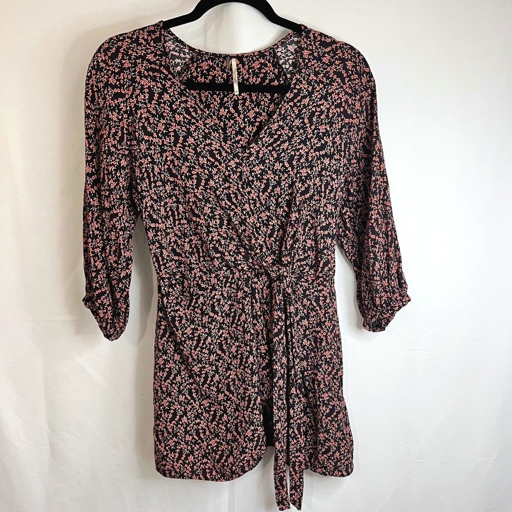 Free People Floral Wrap Dress XS Tie Waist 3/4 Sleeve Ditsy Print Cottagecore